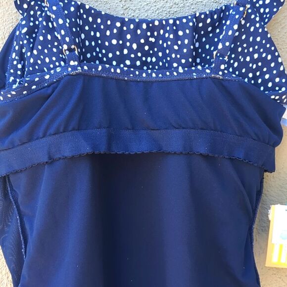 Kona Sol 1 Piece Swim 17 Dot Ruffle Shoulder One Piece Slim Swimsuit Navy Blue - Picture 13 of 14